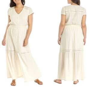 Coastal Cream Smocked Waist Lagenlook Button Festival Prairie Maxi Beach Dress M
